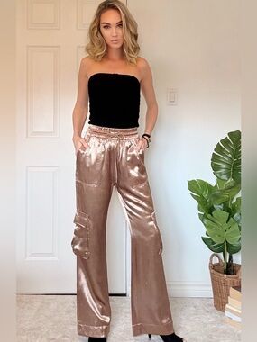 Guess Wide-Leg Metallic Gold Satin Cargo Pants